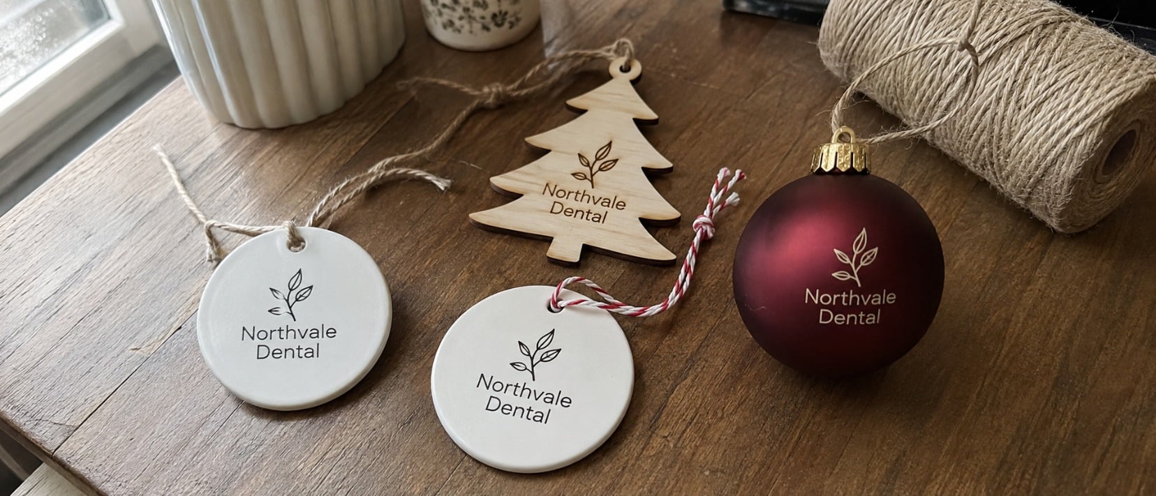 Custom printed ornaments with a company logo on a workshop table